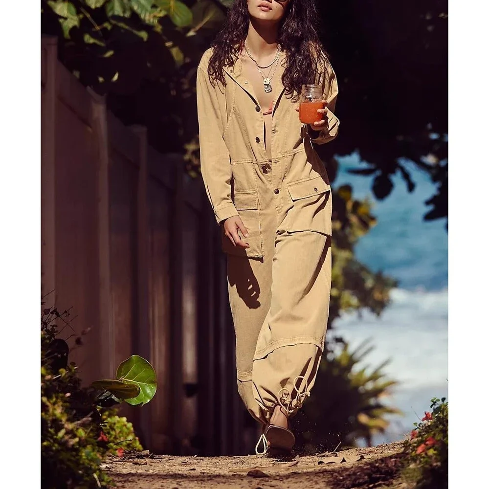 Free People We The Free High-Line One-Piece Jumpsuit Twill Dress Cotton M 286874 - Picture 2 of 10